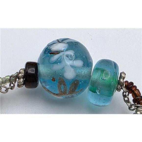 Art Glass Bead Necklace 36" Clear Blue Amber Floral Abstract Silver Tone - Picture 2 of 10